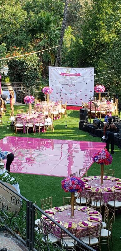 Colorful Wedding with Fuschia seamless dance floor and Gold Chiavari chairs