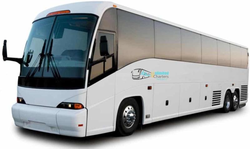 49 Passenger Charter Bus - Coach Bus Rental Features:  Reclining Seats TV / DVD Player Restroom on board CD /AM/FM Player Luggage Compartments Heat and AC